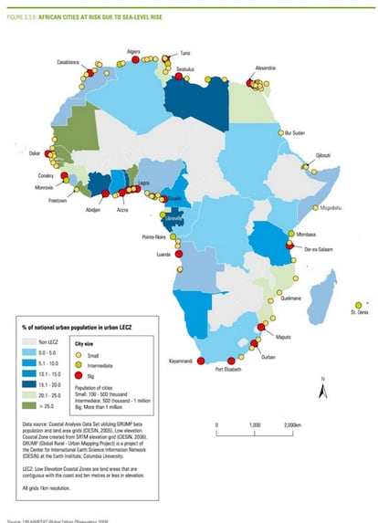 Mapa gráfico que muestra las megaciudades africanas amenazadas por la elevación del nivel de los océanos (fuente ONU-HABITAT). Según el Grupo Intergubernamental de Expertos sobre el Cambio Climático (IPCC por sus siglas en inglés), el cambio climático provocará una subida de hasta un metro en el nivel del mar para el año 2100. En una megaciudad como Lagos, que está parcialmente situada al nivel del mar y construida sobre una marisma, incluso una pequeña elevación del nivel del Océano Atlántico puede provocar graves inundaciones.