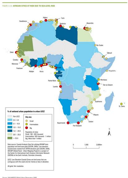 Mapa gráfico que muestra las megaciudades africanas amenazadas por la elevación del nivel de los océanos (fuente ONU-HABITAT). Según el Grupo Intergubernamental de Expertos sobre el Cambio Climático (IPCC por sus siglas en inglés), el cambio climático provocará una subida de hasta un metro en el nivel del mar para el año 2100. En una megaciudad como Lagos, que está parcialmente situada al nivel del mar y construida sobre una marisma, incluso una pequeña elevación del nivel del Océano Atlántico puede provocar graves inundaciones.