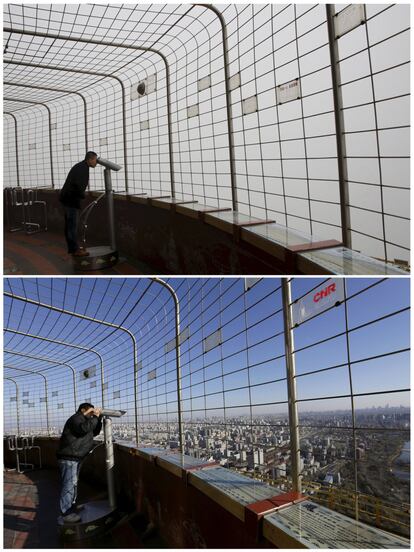 A combination photo shows a visitor using binoculars to see the city of Beijing at a viewing deck on the China Central Radio and Television Tower on a smoggy day on December 1, 2015 (top), and on a sunny day on December 2, 2015 (bottom), after a fresh cold front cleared the smog that was blanketing Beijing, China. REUTERS/Kim Kyung-Hoon (top) and Jason Lee (bottom)       TPX IMAGES OF THE DAY     