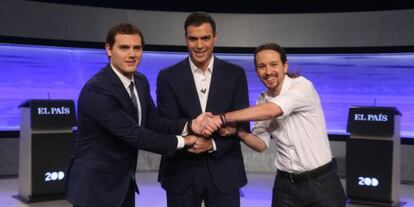 Rivera, S&aacute;nchez e Iglesias, en el debate organizado por EL PA&Iacute;S.