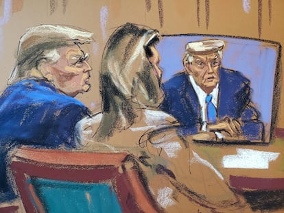 Donald Trump, durante la vista de este jueves del juicio por difamación en el Tribunal Federal de Manhattan (Nueva York).