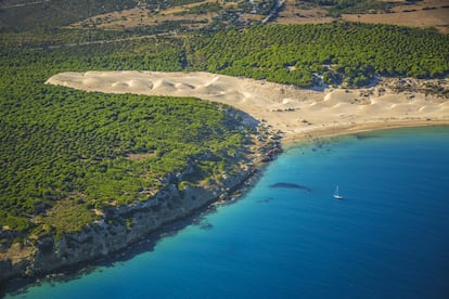 Este playón atlántico de trazas semirrústicas (aún es posible fotografiar vacas junto al agua) logró preservar sus tres kilómetros gracias a estar situado a desmano entre Valdevaqueros y Zahara de los Atunes, y al hecho de pertenecer al parque natural del Estrecho. A Bolonia no conviene llegar tarde, puesto que la afluencia es multitudinaria. Destacan los espacios infinitos, los pinares, por no hablar de la espléndida ciudad-factoría romana de Baelo Claudia. Que es una playa ventosa lo demuestran las dunas de casi 30 metros de altura, que el levante ha amontonado en un extremo. <br></br> Es el arenal que ha recibido el mayor número de 'likes' de los miles otorgados <a href="https://elpais.com/especiales/playas/mas-bonitas-espana" target="_blank">(se podían votar hasta cinco playas)</a> por más de un millar de lectores de 'El Viajero'. Una excursión recomendable desde <a href="https://elviajero.elpais.com/elviajero/2018/08/24/actualidad/1535125057_485392.html" target="_blank">Bolonia:</a> caminar en bajamar a las piscinas naturales Baños de Claudia.