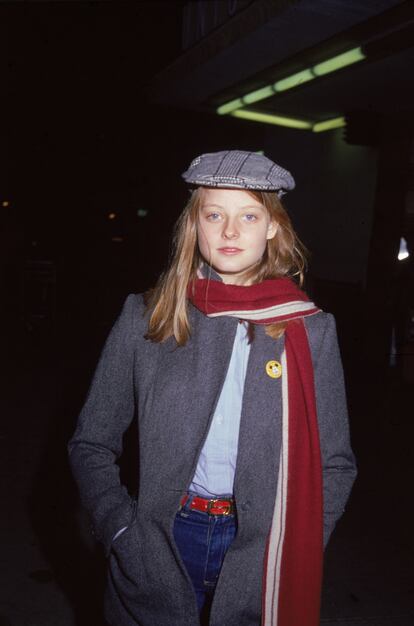 Jodie Foster stands with her hands in her jacket pockets at a Hollywood screening, January 1979.