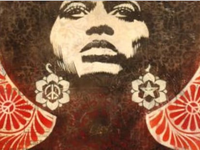 Detalhe de cartaz desenhado por Shepard Fairey a partir de uma fotografia de Angela Davis.