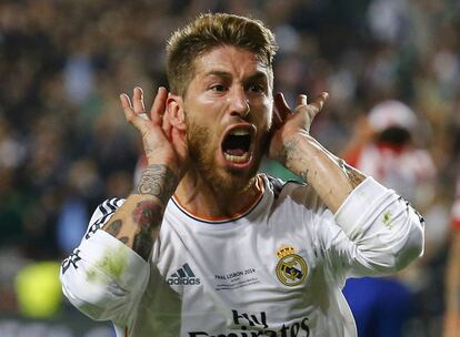 La celebración de Sergio Ramos tras el cabezazo que forzó la prórroga en Lisboa.