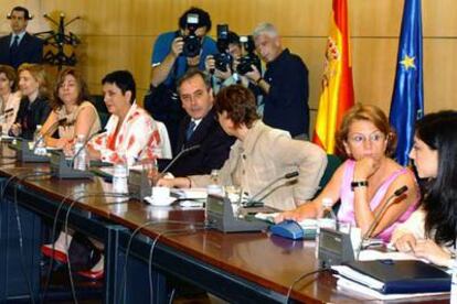 El ministro José Antonio Alonso, ayer, con parlamentarias y representantes de asociaciones contra el maltrato.