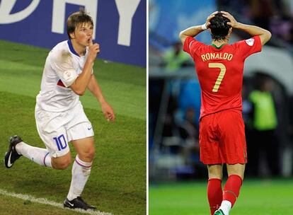 Arshavin celebra su gol a Holanda. A la derecha, Cristiano Ronaldo lamenta una ocasión fallada contra Turquía.