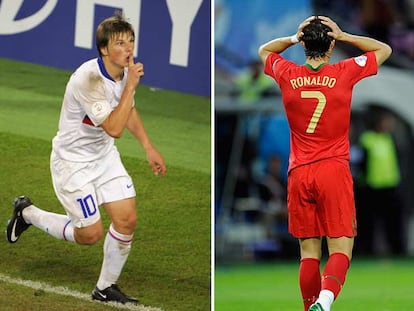 Arshavin celebra su gol a Holanda. A la derecha, Cristiano Ronaldo lamenta una ocasión fallada contra Turquía.