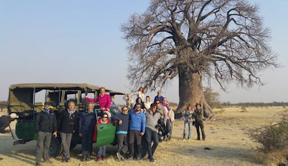 Un grupo de viajeros posa ante uno de los baobabs gigantes cerca de Gweta.