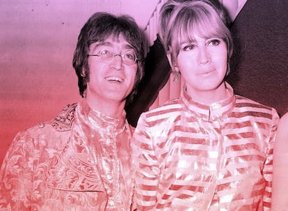 John Lennon e sua esposa Cynthia no aeroporto Heathrow, em Londres, em meados de 1968.