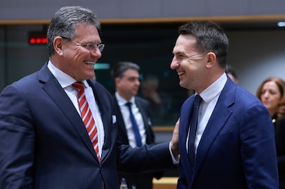 El comisario europeo de Comercio, Maros Sefcovic (izquierda) con el ministro para la UE de Polonia, Adam Szlapka, el martes en una reunión en Bruselas.