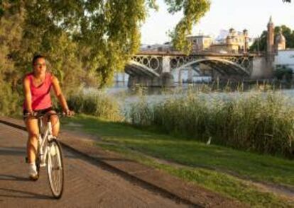 Una chica pasea en bici por Sevilla.