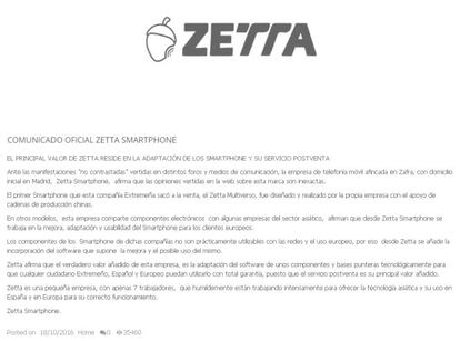 Comunicado de Zetta Smartphone.