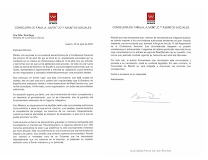 Carta de la consejera de Asuntos Sociales de Madrid, Ana Dávila, en la que le pide a la ministra de Juventud, Sira Rego, que anule la cita del próximo lunes a la que se ha convocado a todas comunidades autónomas.