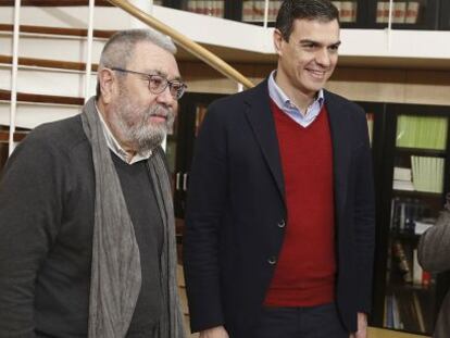 De izquierda a derecha: C&aacute;ndido M&eacute;ndez (UGT); Pedro S&aacute;nchez (PSOE) e Ignacio Fern&aacute;ndez Toxo (CC OO).