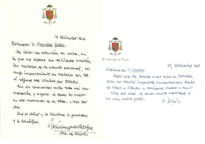 Las dos cartas que el arzobispo de Oviedo envió a F. J. O. para hablar sobre los abusos que sufrió a manos de un sacerdote en un seminario de la diócesis en los años setenta.