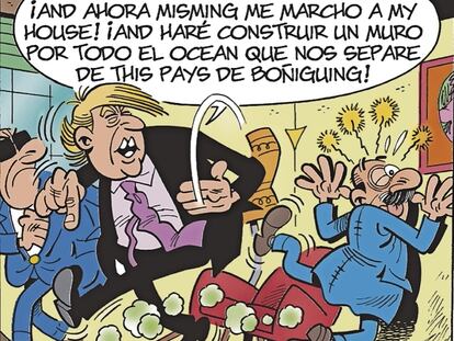 Viñeta de la nueva aventura de Mortadelo y Filemón, los personajes de Francisco Ibáñez, en la que aparece Donald Trump.