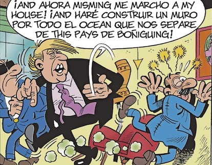 Viñeta de la nueva aventura de Mortadelo y Filemón, los personajes de Francisco Ibáñez, en la que aparece Donald Trump.