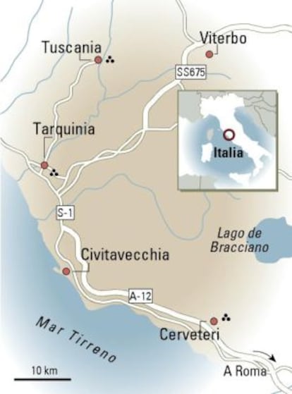 Mapa de Tarquinia, Cerveteri y Tuscania, en Italia.