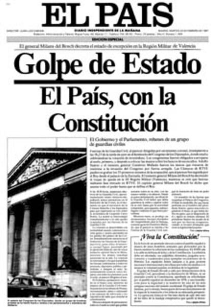 Portada de la primera edición publicada por EL PAÍS durante la noche del 23 de febrero de 1981.