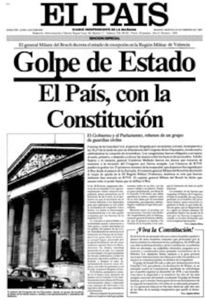 Portada de la primera edición publicada por EL PAÍS durante la noche del 23 de febrero de 1981.