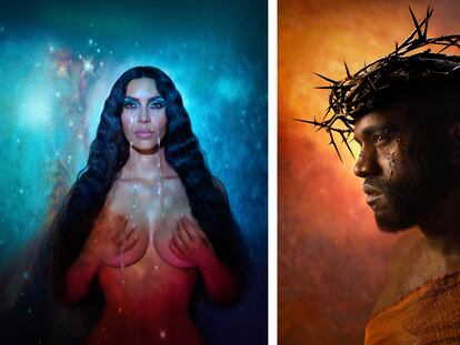 David LaChapelle's religion-tinged portraits of Kim Kardashian / Mary Magdalene and Kanye West / Jesus Christ.