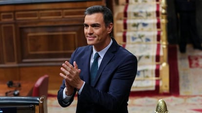 El presidente del Gobierno en funciones, Pedro Sánchez, en la segunda sesión del debate de investidura en el Congreso, el pasado 5 de enero.