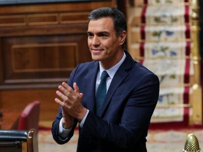 El presidente del Gobierno en funciones, Pedro Sánchez, en la segunda sesión del debate de investidura en el Congreso, el pasado 5 de enero. 