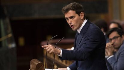 El líder de Ciudadanos, Albert Rivera, durante el debate de investidura, el pasado 22 de julio.