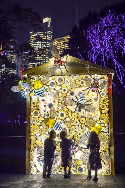 En el jardín botánico de la capital australiana se han instalado 15 obras de arte luminosas inspiradas en la naturaleza. Una de las más llamativas es 'Beetopia', de George Buchanan, una gran pieza que se puede tocar y cada vez que se acaricia una abeja esta responde con un zumbido y una pequeña vibración.