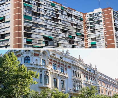 Comparación de dos edificios uno en la calle de Ginzo de Limia en el barrio del Pilar (arriba) y otro en una de las calles más lujosas de Madrid, en la calle de Alfonso XII en Retiro (abajo) en julio del 2024.