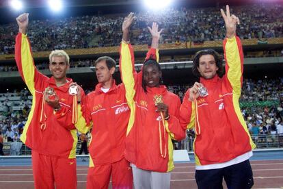 Campeonatos Mundiales de Atletismo Sevilla 99. Los medallistas españoles: Reyes Estévez, medalla de bronce en 1500 metros; Abel Antón, medalla de oro en maratón; Niurka Montalvo, medalla de oro en salto de longitud y Yago Lamela, medalla de plata en salto de longitud.