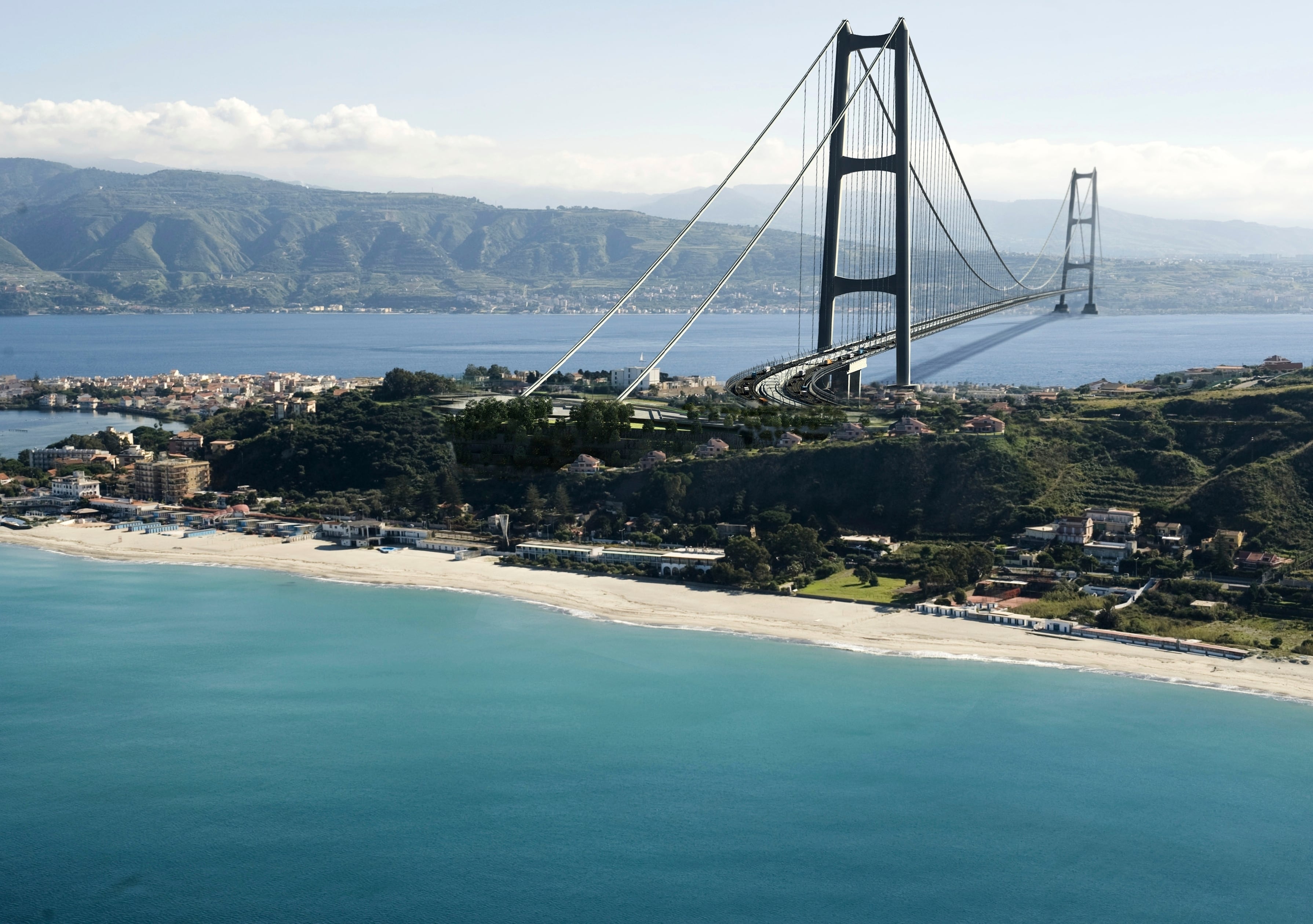 Recreación del puente sobre el estrecho de Mesina, que unirá la península Itálica, desde Calabria, con la isla de Sicilia.
