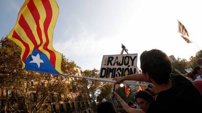 Un hombre sujeta una estelada durante una manifestaci&oacute;n en Barcelona.
 
 