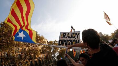 Un hombre sujeta una estelada durante una manifestación en Barcelona.