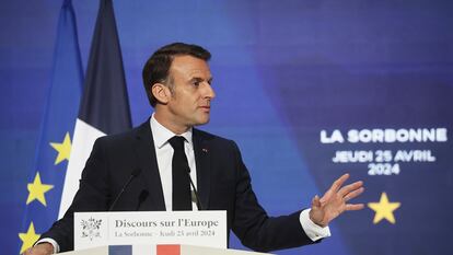 Emmanuel Macron, durante su discurso sobre Europa en la Universidad de la Sorbona, en París, este jueves.