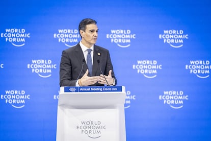 El presidente del Gobierno, Pedro Sánchez, durante su intervención en el Foro Económico Mundial de Davos este miércoles.