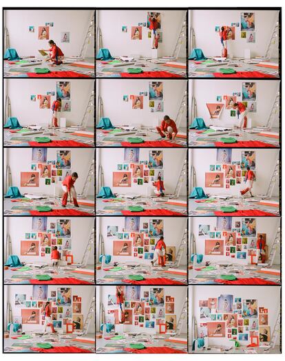 Collage de fotos en el que Camila Falquez ordena una serie de imágenes colgándola en la pared.  
