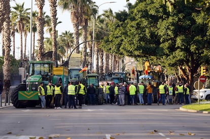 Cientos de agricultores y ganaderos han cortado las principales calles de acceso a la ciudad con sus tractores, este lunes en la ciudad de Málaga.