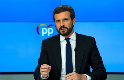 El presidente del Partido Popular, Pablo Casado, ofrece una rueda de prensa tras la reunión del Comité de Dirección, este lunes en la sede del partido.