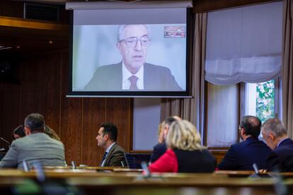 El exdirector de la Guardia Civil Leonardo Marcos, este lunes durante su comparecencia por videoconferencia en la comisión de investigación del 'caso Koldo' en el Senado.