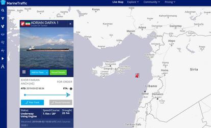 Última posición del Adrian Darya 1 registrada en la web Marine Traffic.