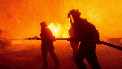 Firefighters battle the Hughes Fire in Castaic, California, January 22.