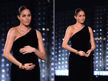 Meghan markle escogió un vestido asimétrico de Givenchy y lo combinó con pendientes de Pippa Small, brazaletes dorados y un moño bajo y pulido.