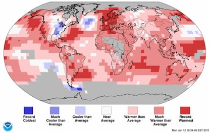 Records de calor (rojo) y de fr&iacute;o (azul) en 2014.