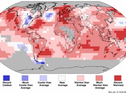 Records de calor (rojo) y de fr&iacute;o (azul) en 2014.