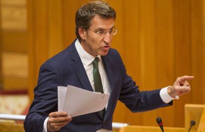 Feijóo, esta mañana durante la sesión de control en el Parlamento gallego.