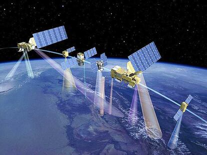 Ilustración del <i>Tren A</i> con seis satélites de observación de la Tierra.