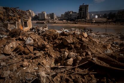 Collapsed buildings in Derna after the flooding caused when rains from Storm Daniel burst through two dams outside the city.