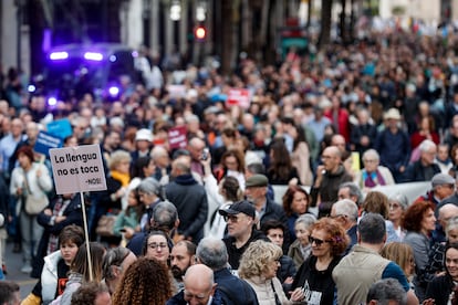 Miles de personas participan en la manifestación convocada con motivo del 25 d'abril por Acció Cultural del País Valencià para defender los derechos lingüísticos y la memoria democrática, y para rechazar el fascismo.